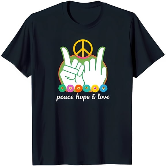 Black T-Shirt with Colorful Peace Sign Graphic Hope & Love Design
