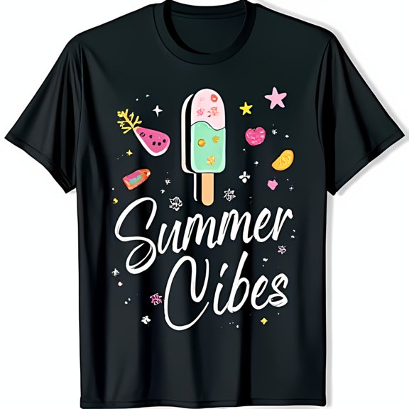 Black T-Shirt with Colorful Popsicle Design & Summer Vibes Text
