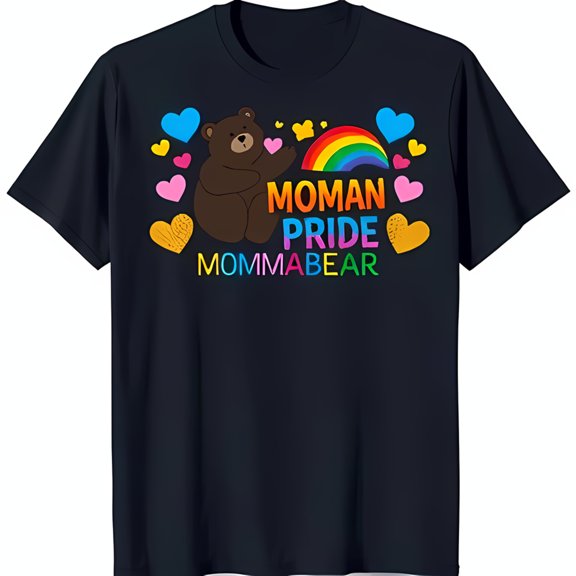 Black T-Shirt with Colorful Rainbow Bear Graphic & Hearts MOMAN PRIDE MOMMABEÄR