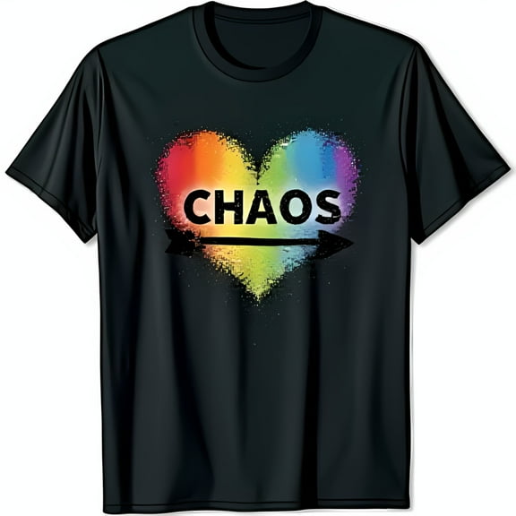 Black T-Shirt with Colorful Rainbow Heart Splatter Design & CHAOS Text