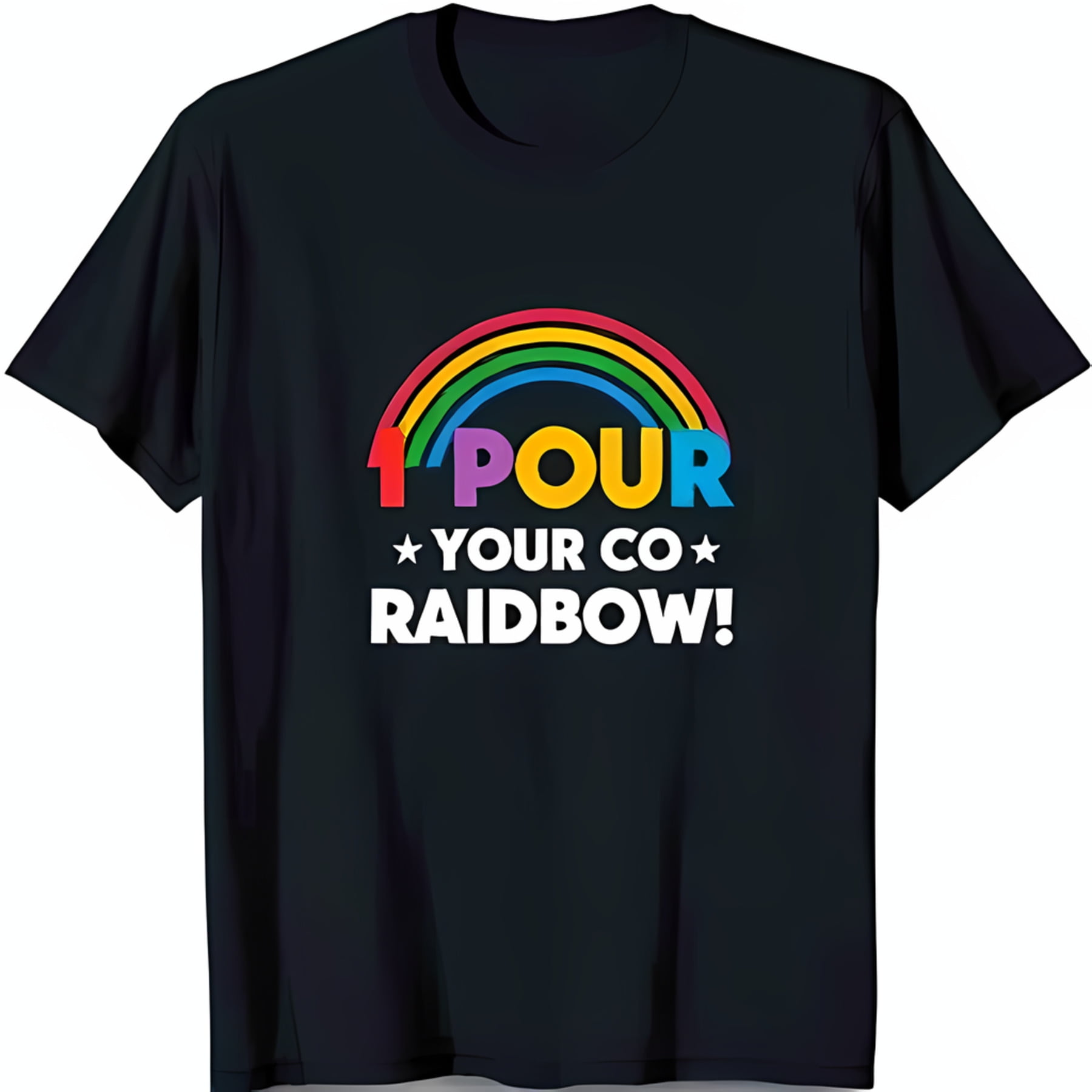 Black T-Shirt with Colorful Rainbow and '1 POUR YOUR CO RAIDBOW ' Design