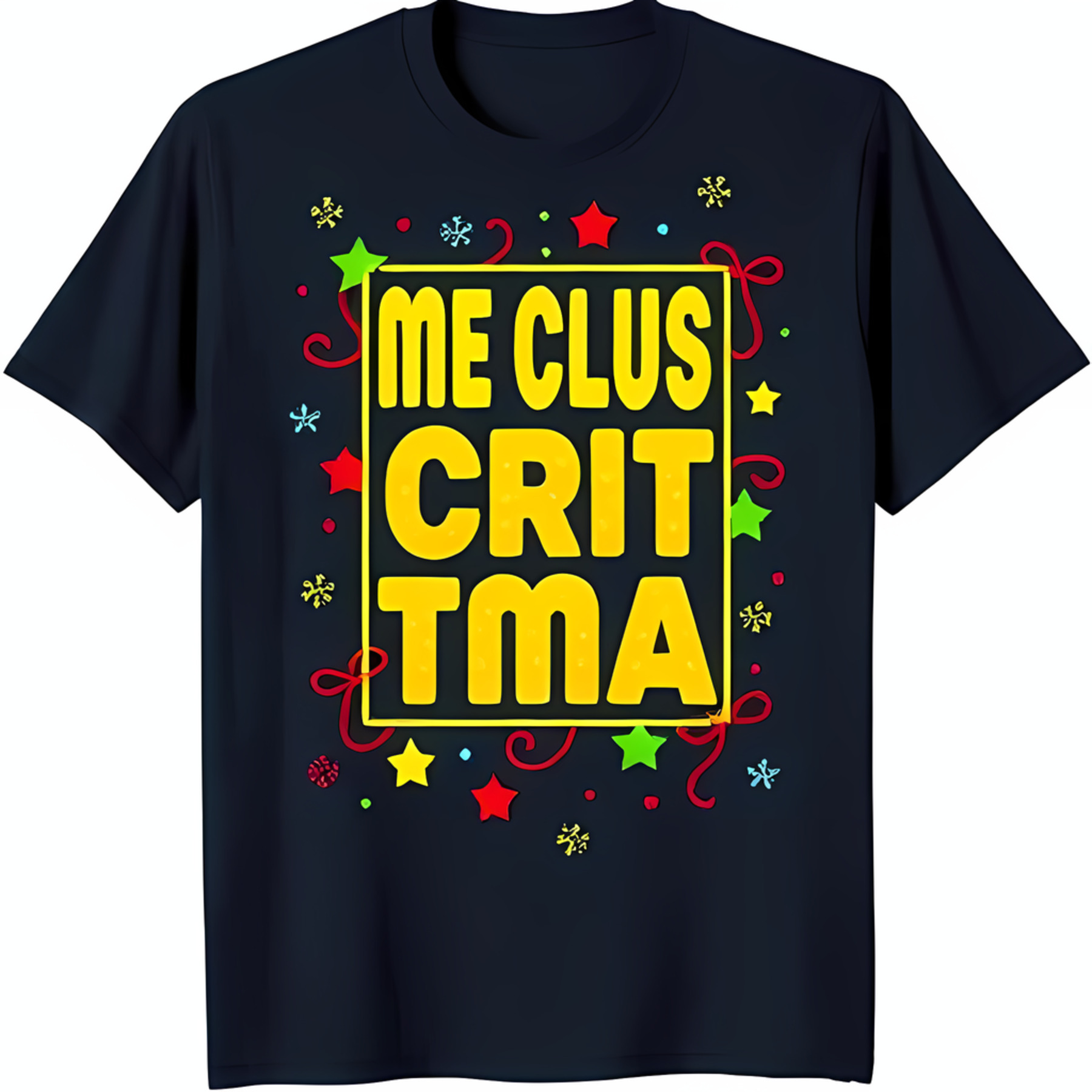 Black T-Shirt with Colorful Star Design and Fun 'ME CLUS CRIT TMA' Text ...