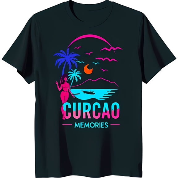 Black T-Shirt with Colorful Sunset Beach Graphic & 'Curacao Memories' Text