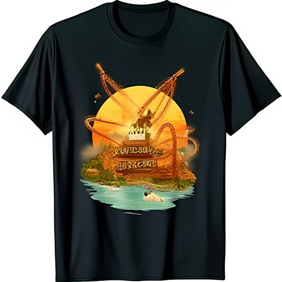 Black T-Shirt with Colorful Sunset Design & Crown Fun Graphic Tee