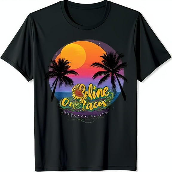 Black T-Shirt with Colorful Sunset Graphic Deline On Tacos Design