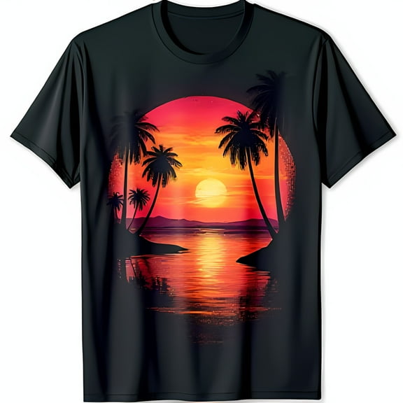 Black T-Shirt with Colorful Sunset Graphic Trees & Fiery Sky Design