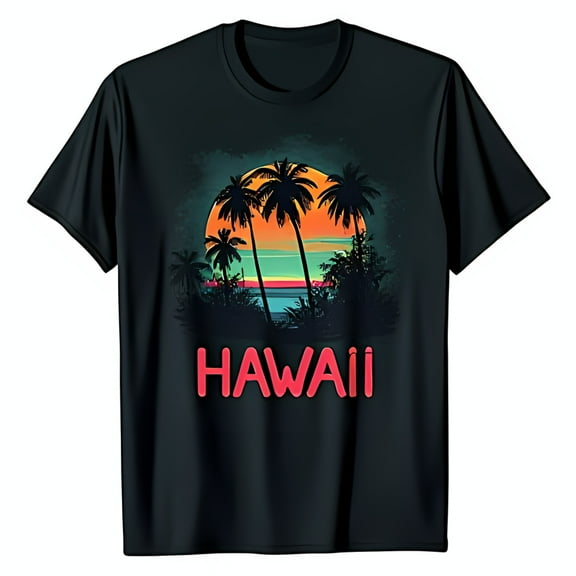 Black T-Shirt with Colorful Sunset Tree Graphic & HAWAII Print