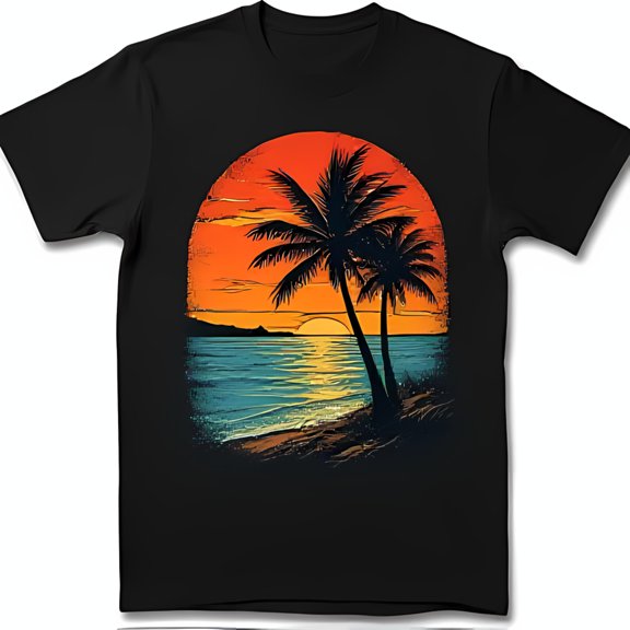Black T-Shirt with Colorful Sunset and Trees Design Tropical Vibes