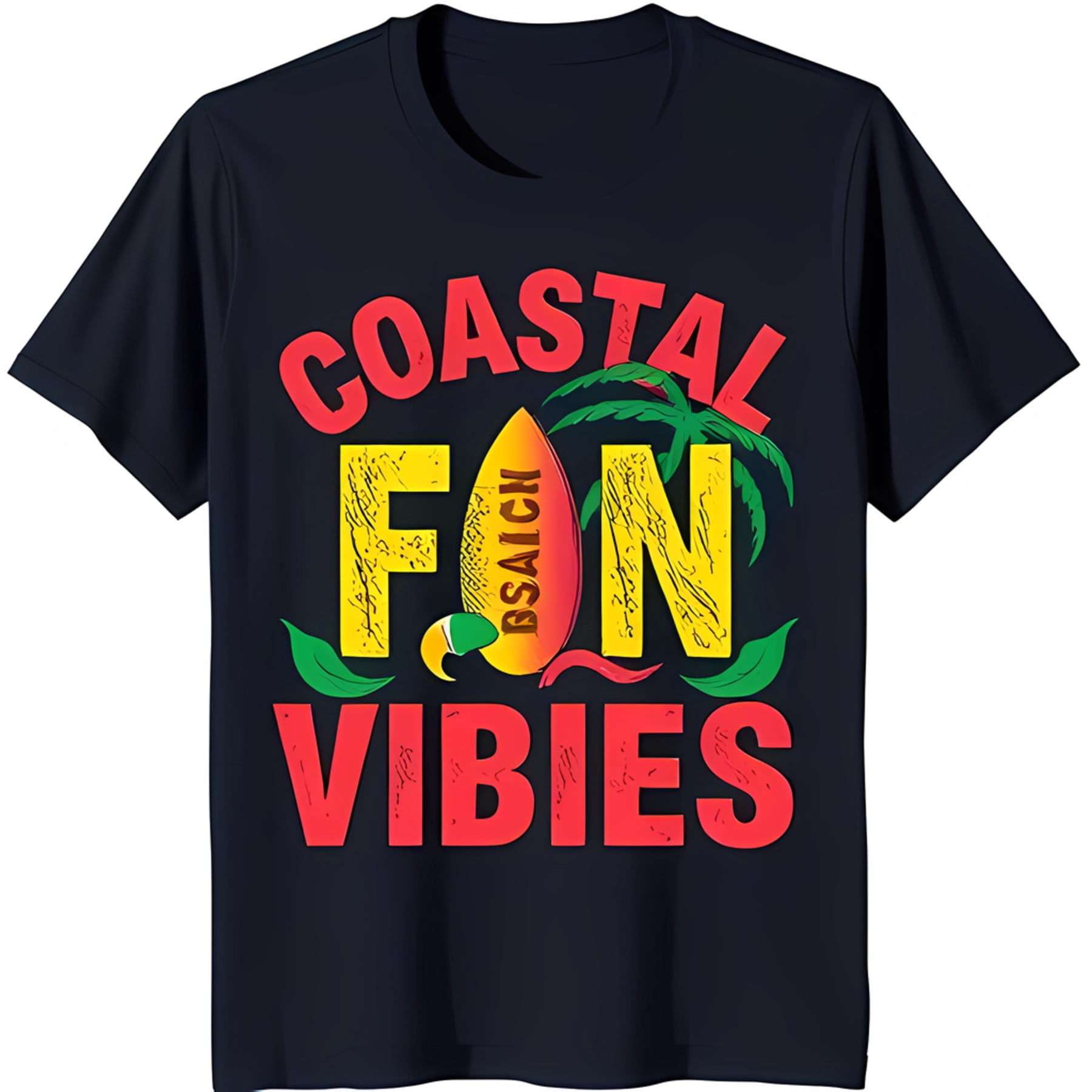 Black T-Shirt with Colorful Surfboard and Tree Graphic 'COASTAL FUN