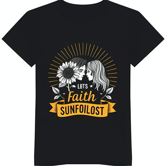 Black T-Shirt with Couple Graphic & Sunflower 'Lots Faith Sunfoilost' Design