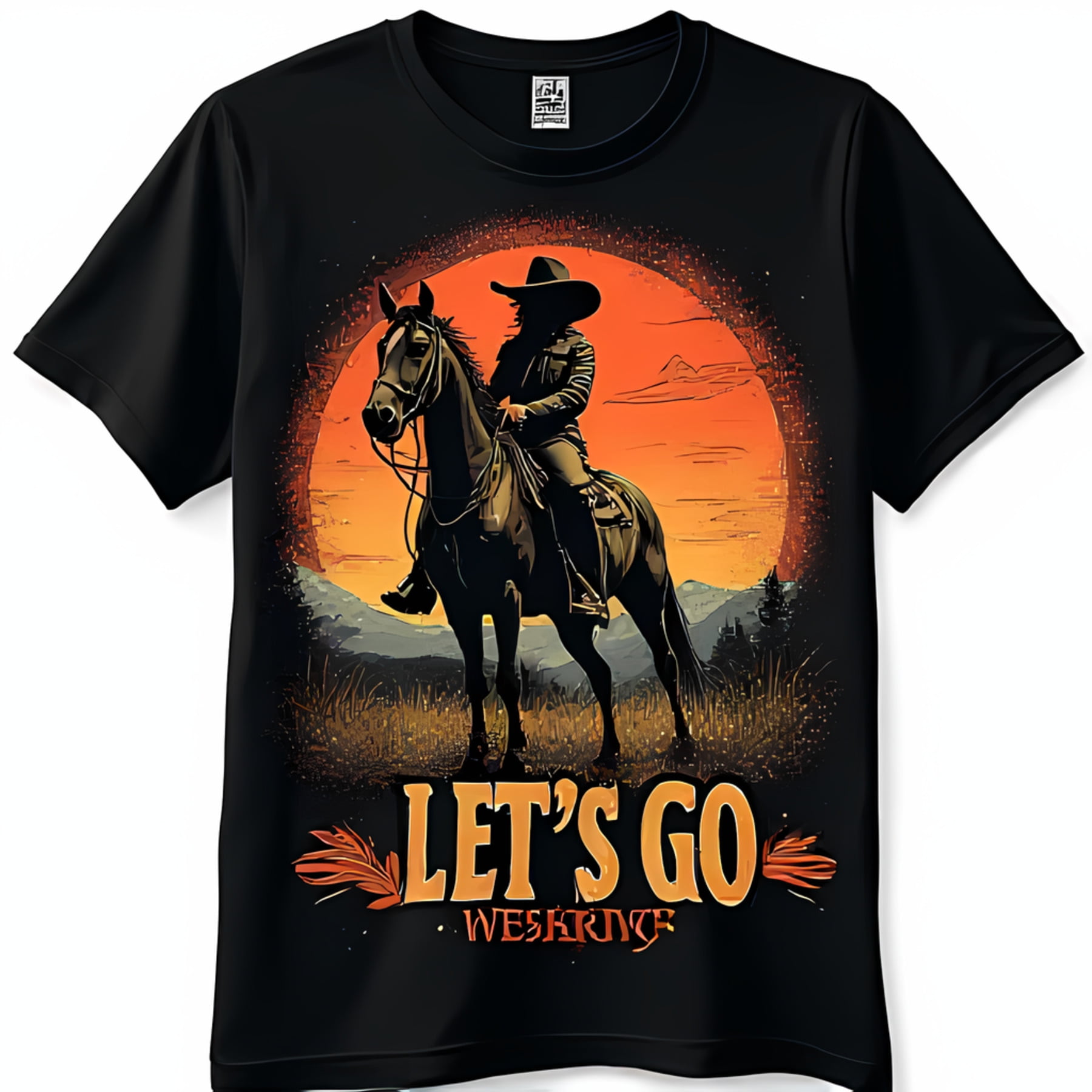 Black T-Shirt with Cowboy Riding Horse Graphic & Sunset Let's Go Design ...