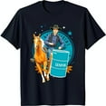 Black TShirt with Cowboy Riding Horse Over Blue Barrel Barrel Racing
