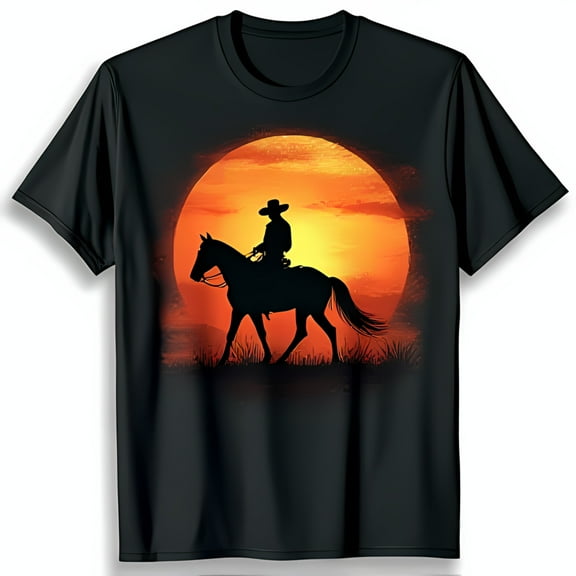 Black T-Shirt with Cowboy Riding Horse into Sunset Adventure Graphic Tee