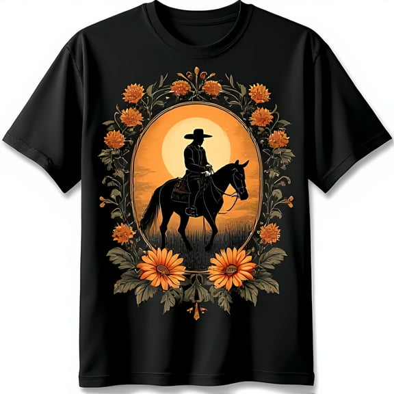 Black T-Shirt with Cowboy Riding Through Sunflower Field Graphic