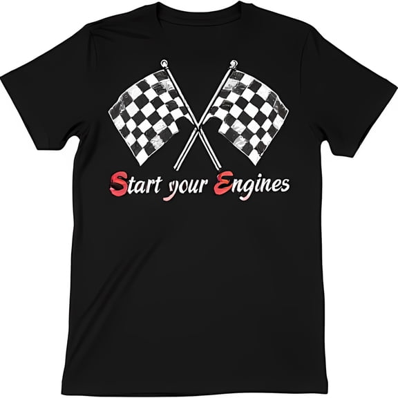 Black T-Shirt with Crossed Checkered Racing & 'Start Your ' Graphic