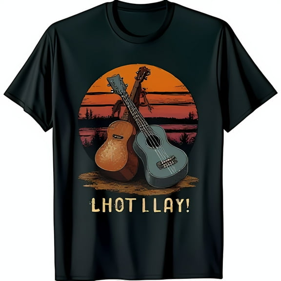 Black T-Shirt with Crossed Ukuleles and Sunset Design Fun for Ukulele Lovers