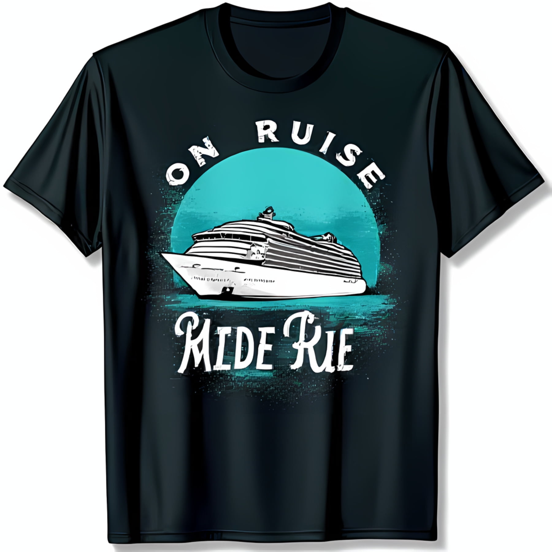 Black TShirt with Cruise Ship Graphic Design on Blue Ocean 'On Ruse