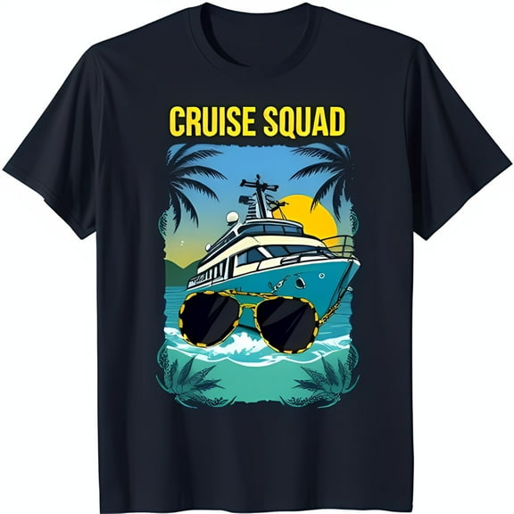 Black T-Shirt with Cruise Ship Graphic Sunglasses & Sunset Design 'Cruise Squad'