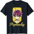 thumbnail image 1 of Black T-Shirt with Cute Anime Character Pink Hair Red Cheeks and Pink Eyes in Yellow Box 'Peplindy' Design with Circles and Stars, 1 of 5