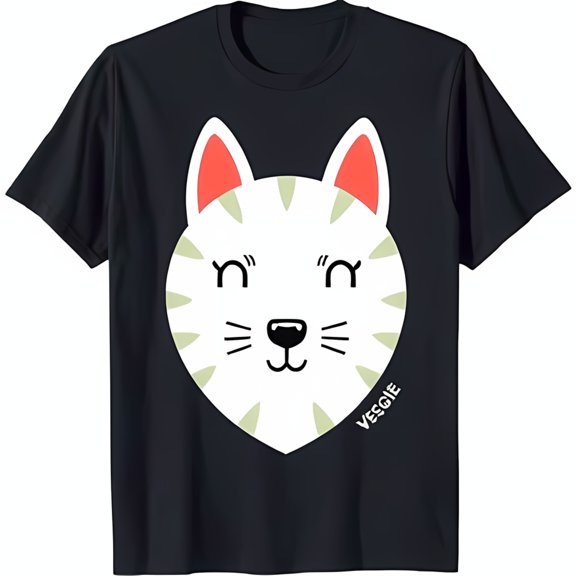 Black T-Shirt with Cute Cartoon Cat Face Green Stripes & VEGGIE Text
