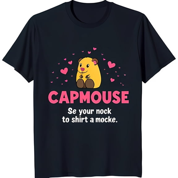 Black T-Shirt with Cute Cartoon Hamster Holding Heart 'Capmouse' Design