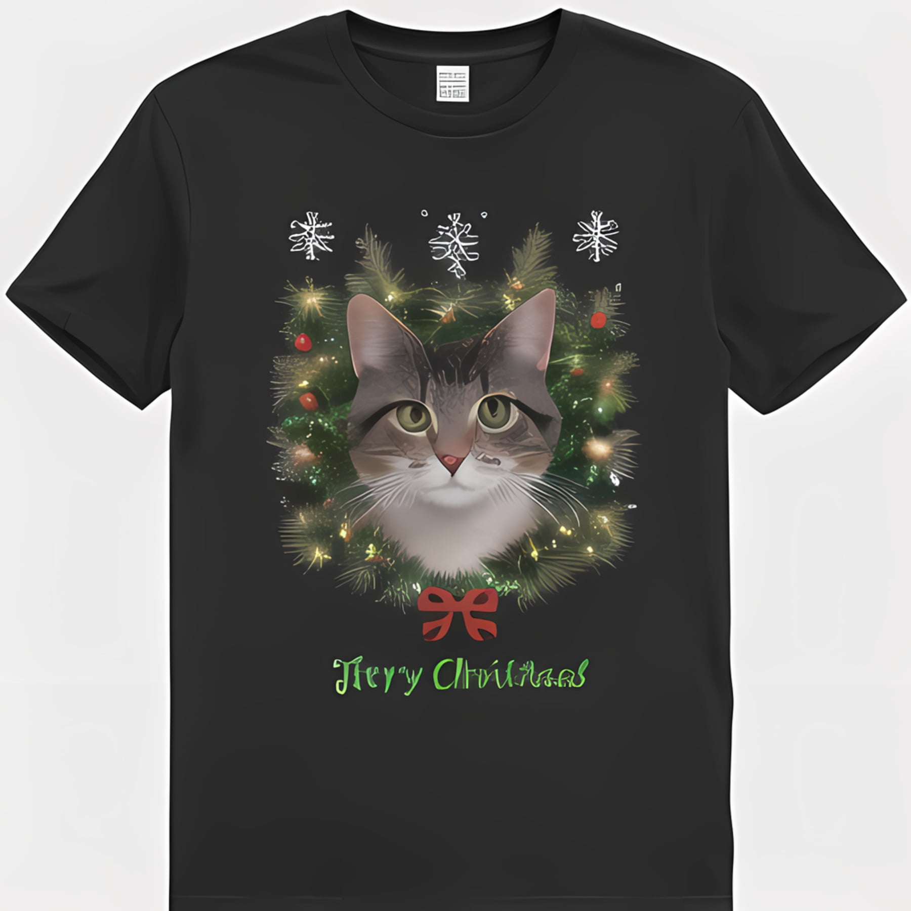 Black TShirt with Cute Cat Face in Christmas Wreath Merry Christmas