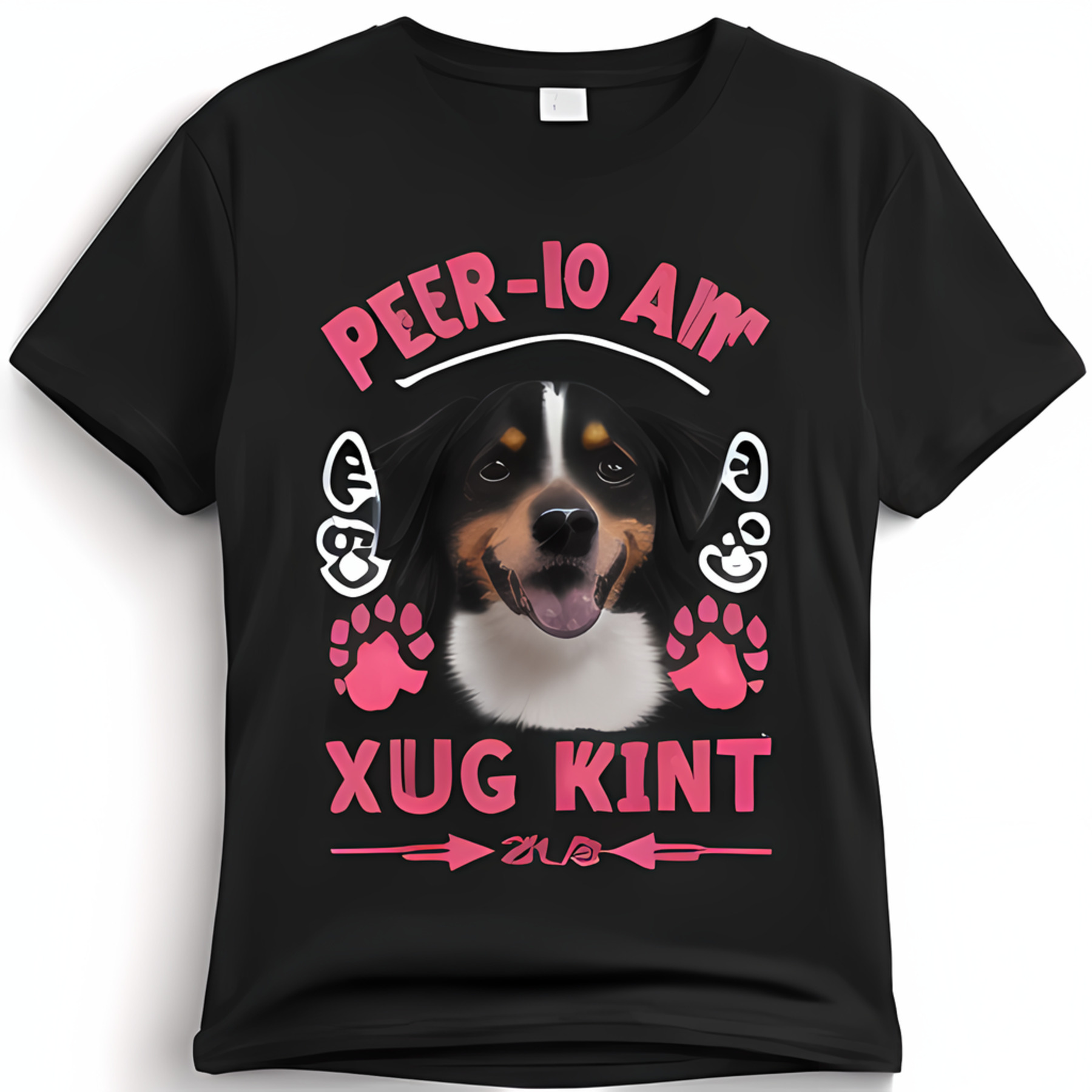 Black T-Shirt with Cute Dog Design Pink Paws and Unique Text Fabric ...
