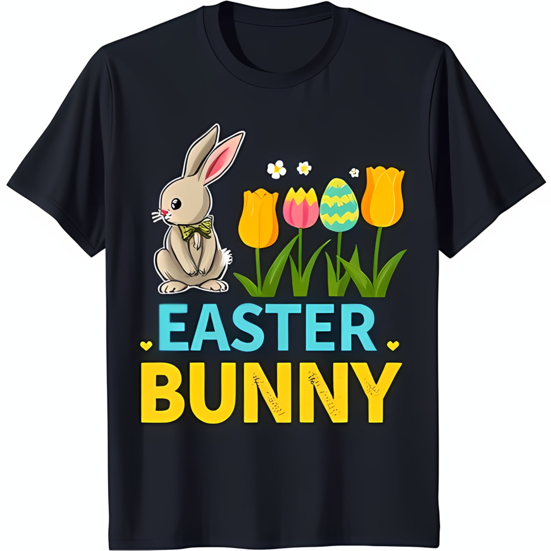 Black TShirt with Cute Easter Colorful Eggs & Tulips Design