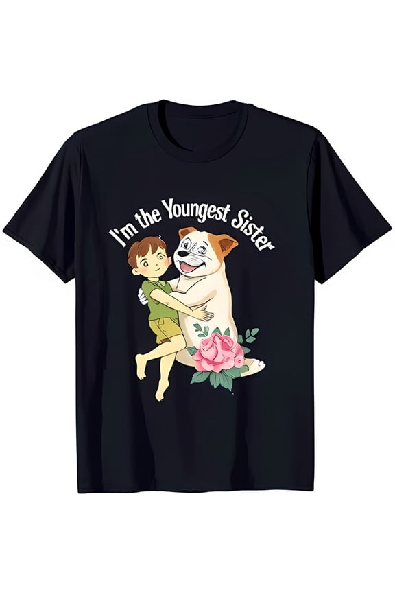 Black T-Shirt with Cute Graphic of Girl and Dog 'I'm the Youngest Sister' Design Neck Short Sleeves