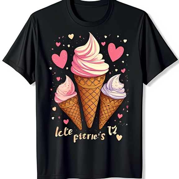 Black T-Shirt with Cute Ice Cream Graphic and Hearts I Love Itrie s