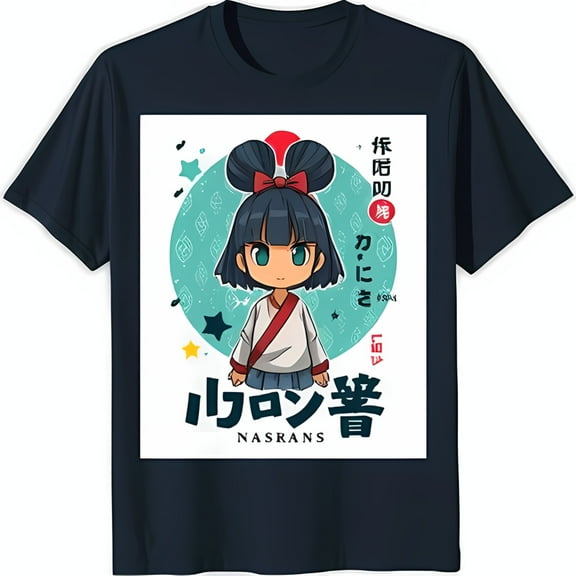 Black T-Shirt with Cute Japanese Inspired Cartoon Character Graphic Vibrant Colors & Traditional Elements
