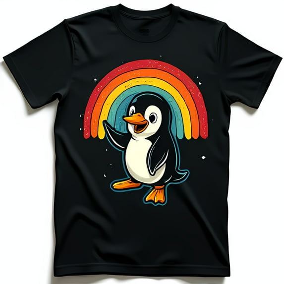 Black T-Shirt with Cute Penguin and Colorful Design Fun & Eye Catching Graphic Tee