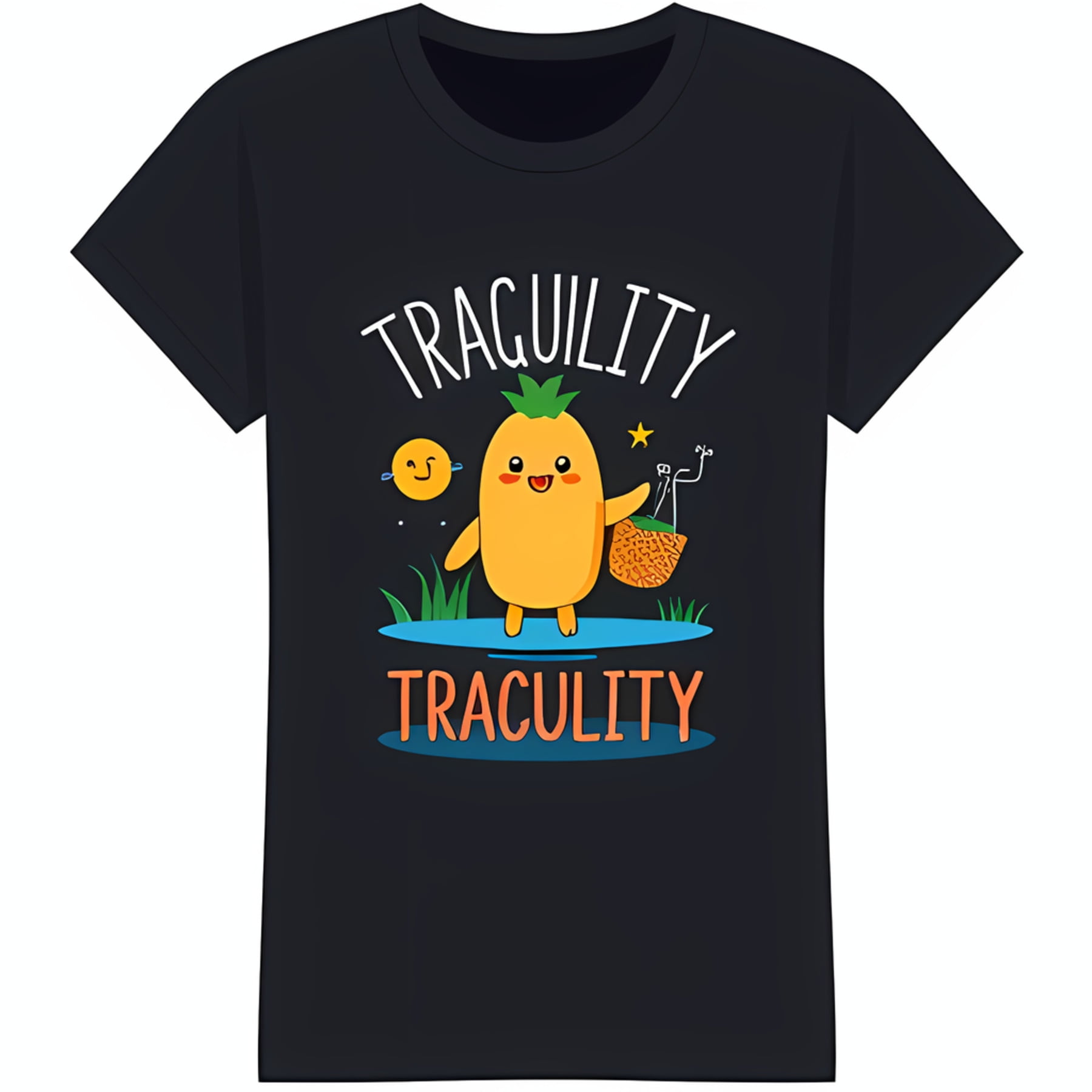 Black TShirt with Cute Pineapple Character on Surfboard Happy Face