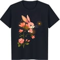 thumbnail image 1 of Black T-Shirt with Cute Pink Rabbit in Flower Field & Yellow Star, 1 of 5