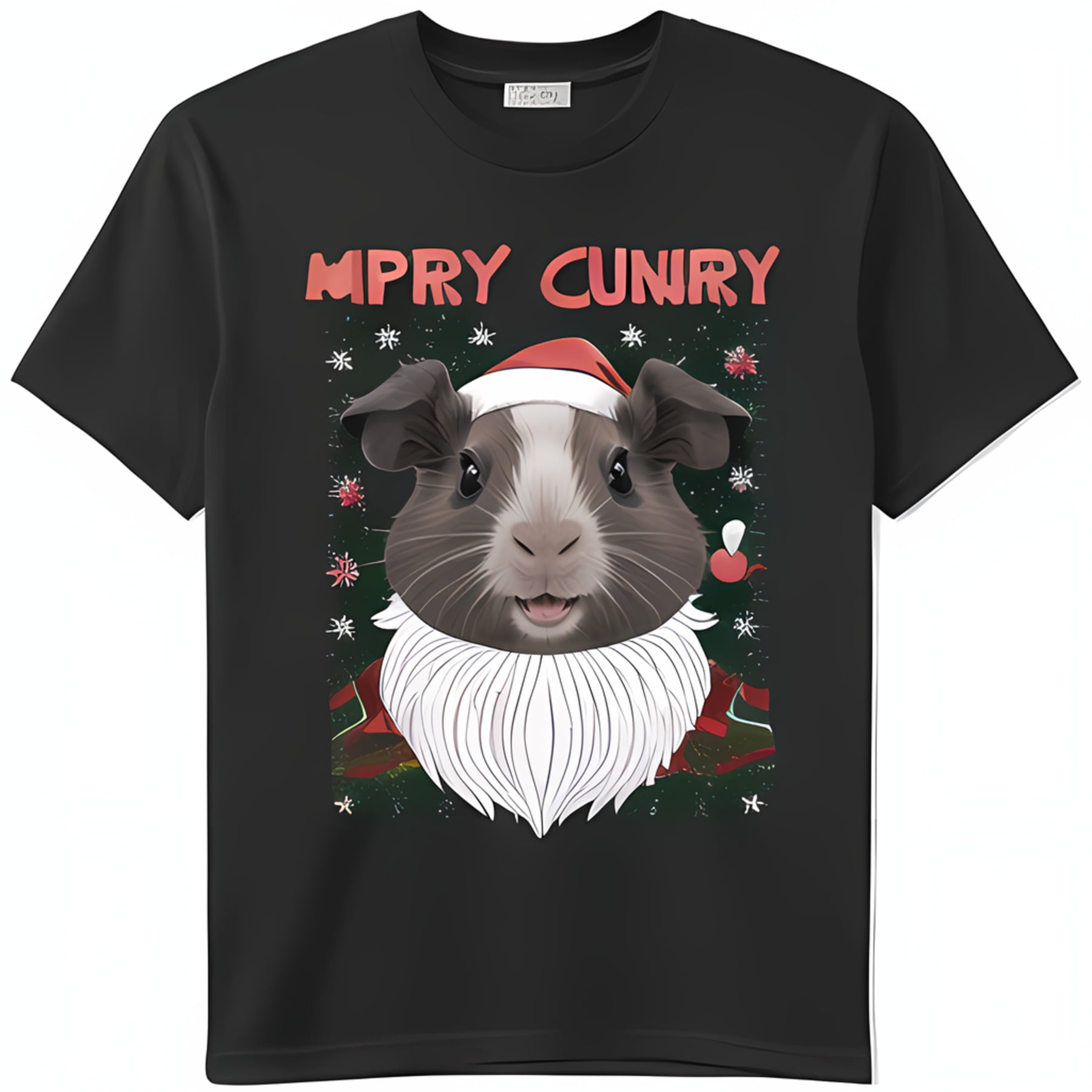 Black TShirt with Cute Smiling Guinea Pig Santa Design Festive