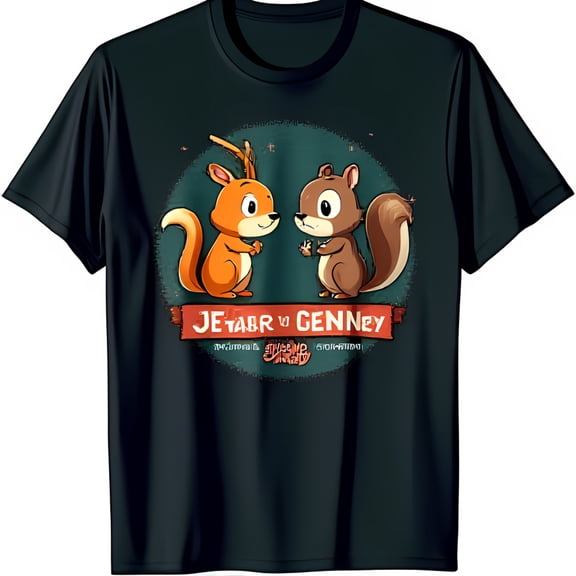Black T-Shirt with Cute and Brown Squirrels Design in Green Circle 'JETABR u GENNEY' Graphic Tee