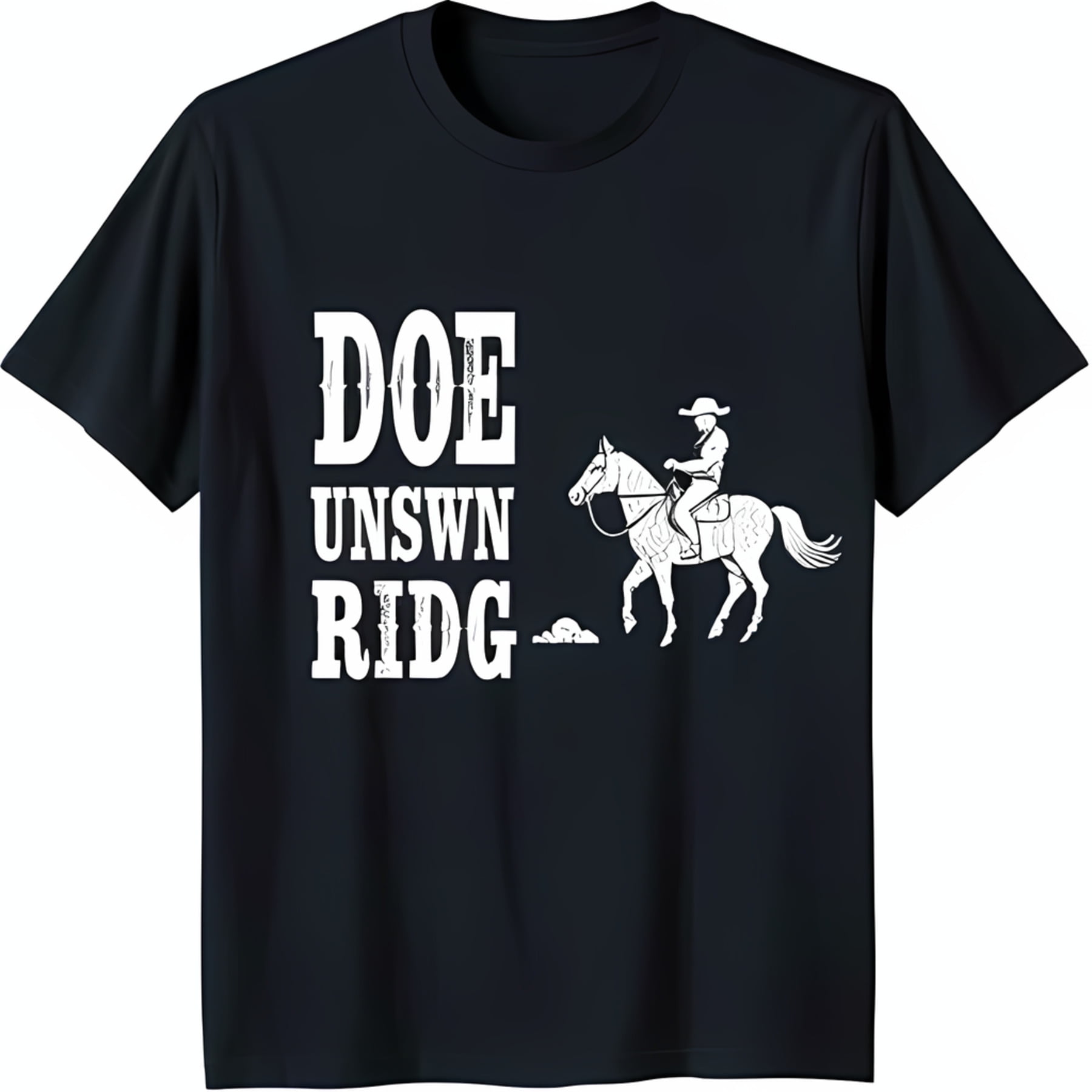 Black TShirt with 'DOE UNSWN RIDG' and Horse Rider Graphic Design