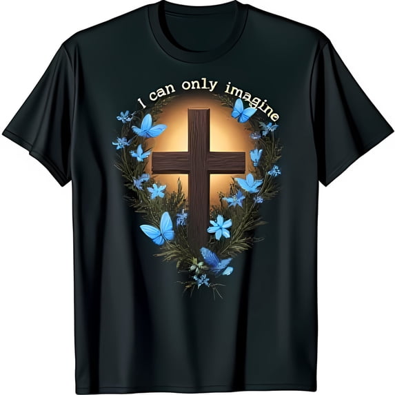 Black T-Shirt with Dark Brown Blue Floral Wreath & Butterflies I Can Only Imagine Inspirational Design