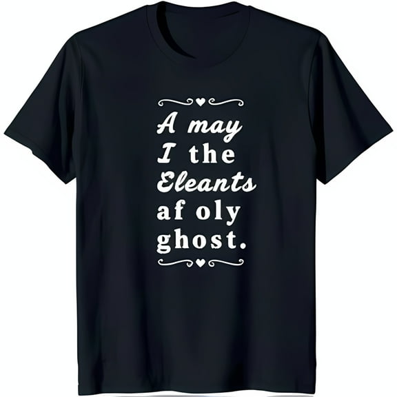 Black T-Shirt with Decorative White Inscription 'A may I the eleants oly ghost' & Heart Accents