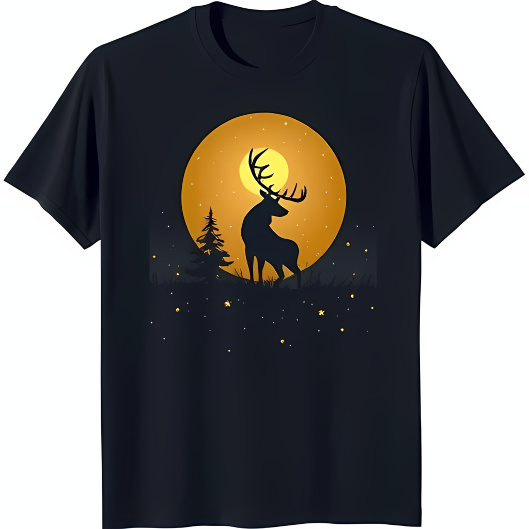 Black TShirt with Deer Yellow Moon & Stars Design Nature Lover