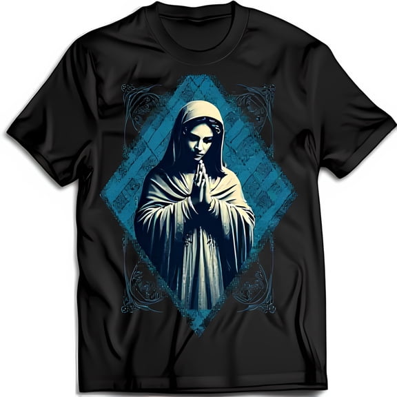 Black T-Shirt with Design Prayerful Woman in Robe