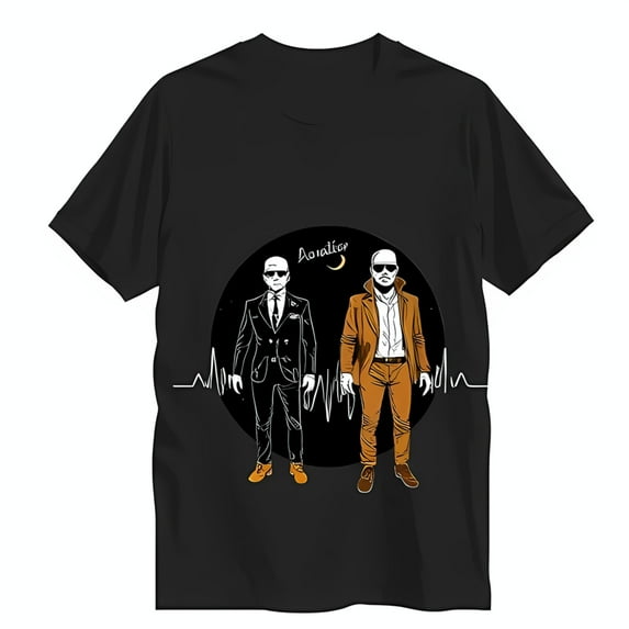 Black T-Shirt with Design Two Men in Suits & ECG Line