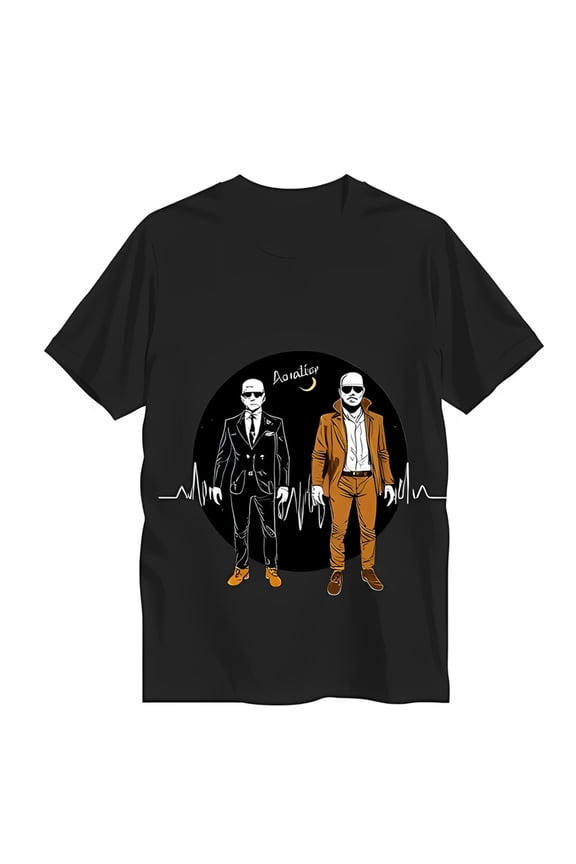 Black T-Shirt with Design Two Men in Suits & ECG Line