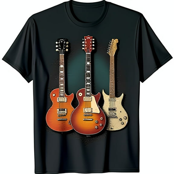 Black T-Shirt with Design of Three Guitars Red Brown Grey