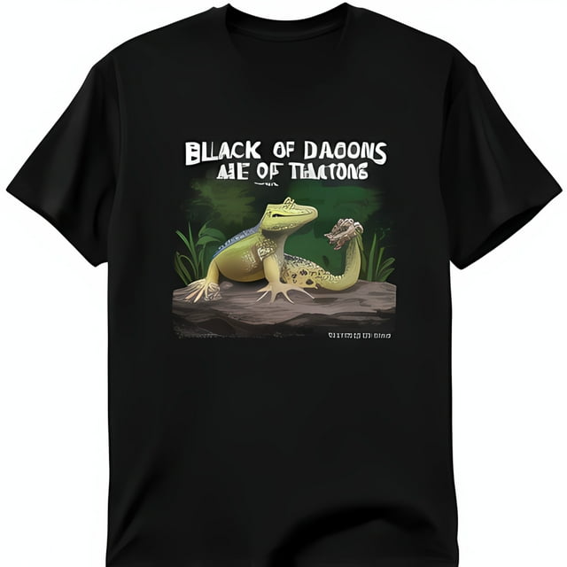 Black T-Shirt with Detailed Cartoon Baby Lizards Illustration in t ...