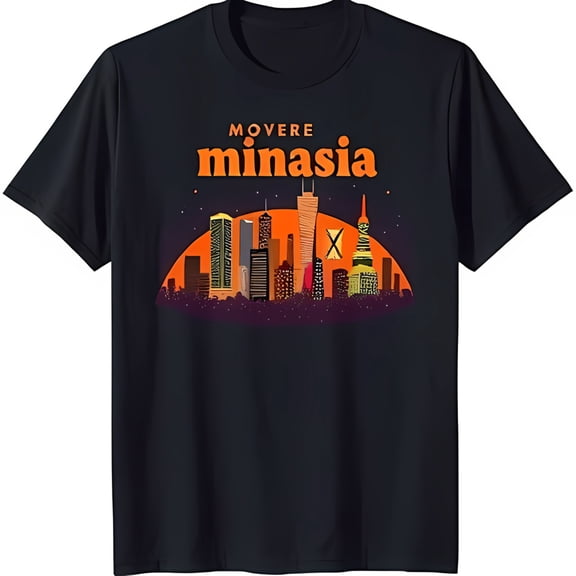 Black T-Shirt with Detailed Cityscape Graphic and 'Movere Minasia' Text