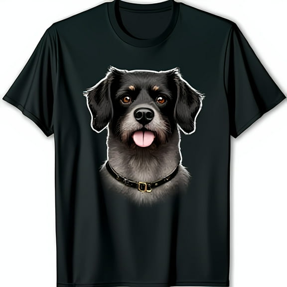 Black T-Shirt with Detailed Illustration of Friendly Mixed Breed Dog Face
