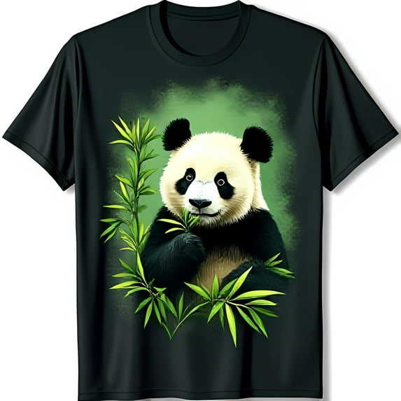 Black T-Shirt with Detailed Panda Bear Graphic Surrounded by
