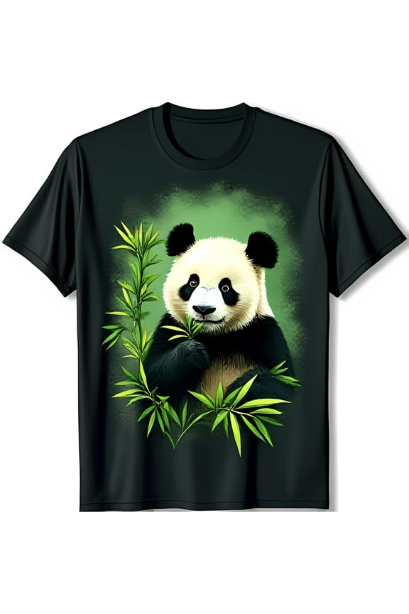 Black T-Shirt with Detailed Panda Bear Graphic Surrounded by