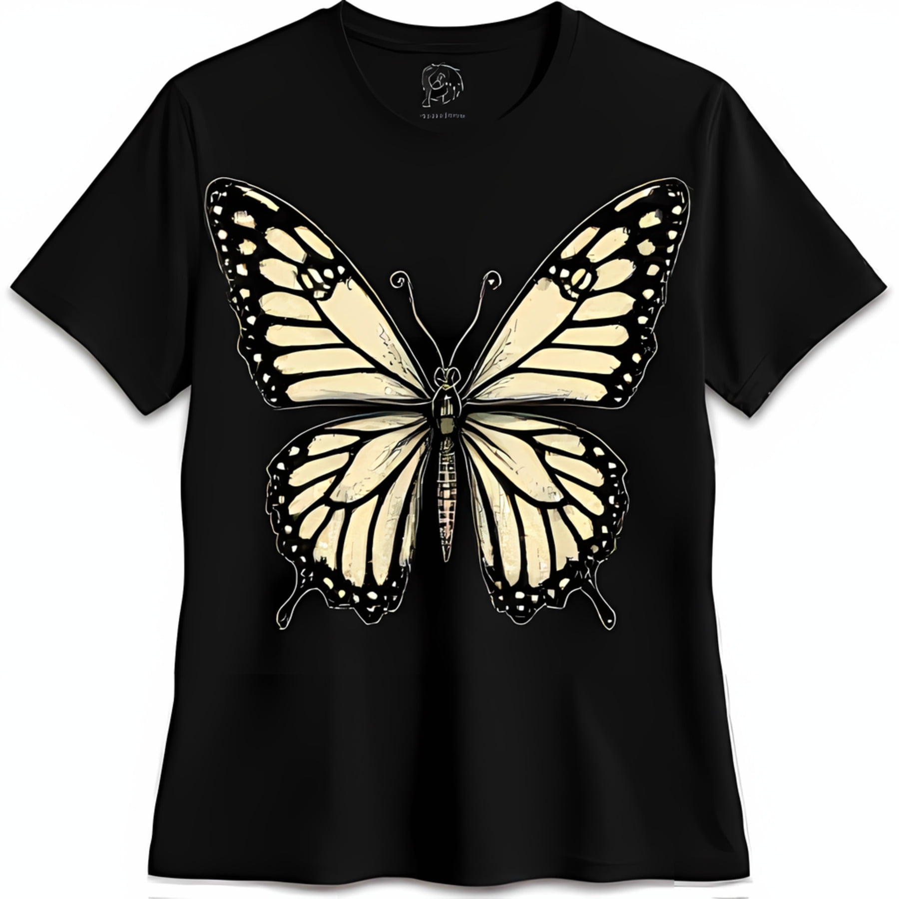 Black TShirt with Detailed White Monarch Butterfly Design Casual